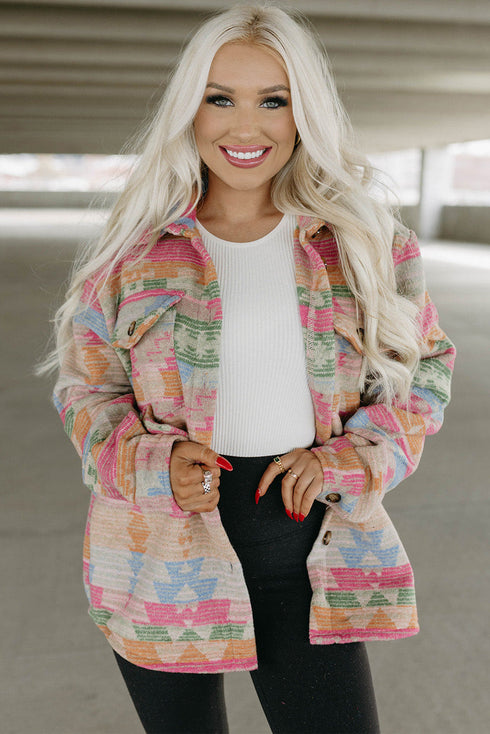 Western Aztec Print Button Flap Pocket Shacket